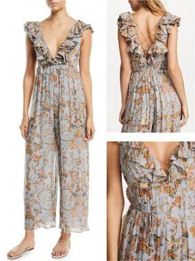 ZIMMERMANN Silk Painted Heart Cascade Jumpsuit Size 4 Blue Grey Tapestry